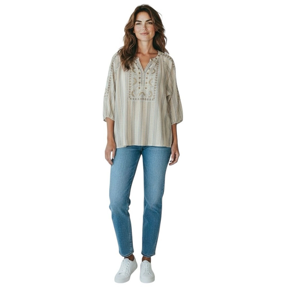 PURE JILL Striped Embroidered Tunic in Beige / Cream Size M — SUPER BOHO VIBES! - Picture 9 of 12